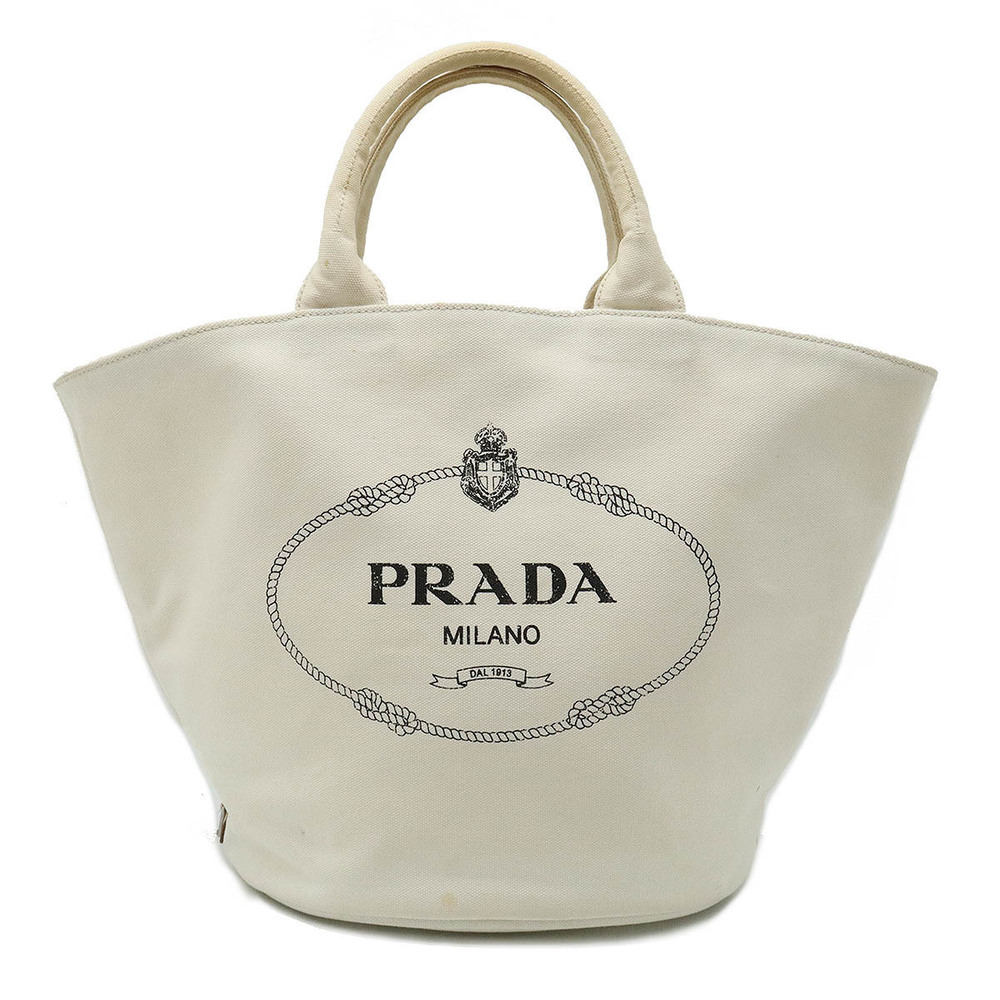 Prada Canapa Tote Bag Handbag Canvas Leather White Pouch Clutch Shoulder Strap